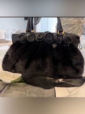 Valentino Mink Fur Floral Appliqué Evening Bag Black Gold Hardware